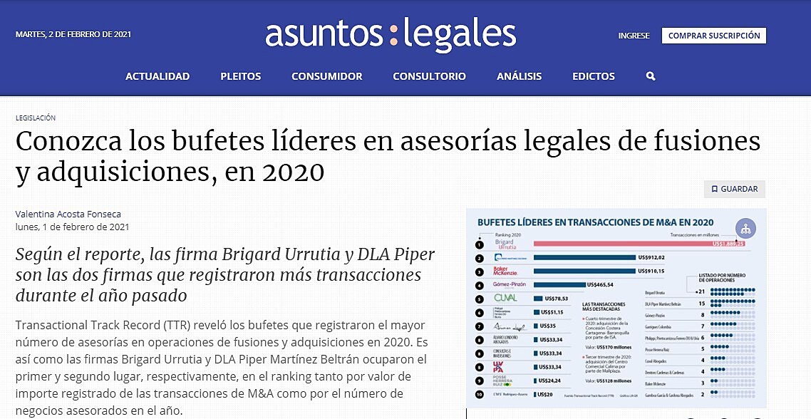 Conozca los bufetes lderes en asesoras legales de fusiones y adquisiciones, en 2020